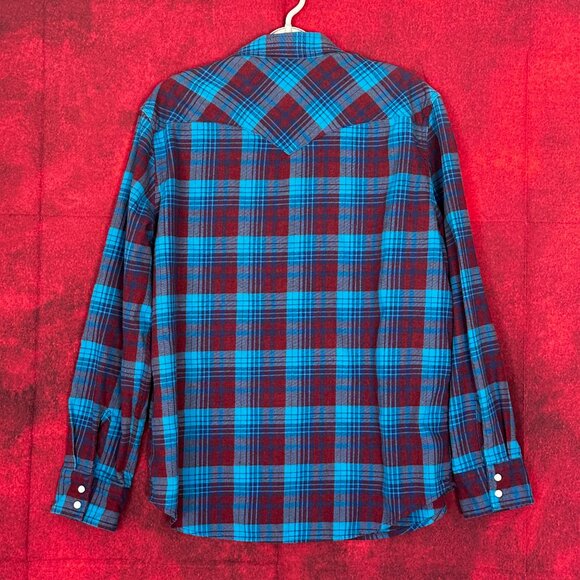 LEVI'S CLASSIC WESTERN FLANEL SHIRT, BLUE & RED PLAID PEARL SNAP BUTTONS SIZE L - Picture 4 of 11